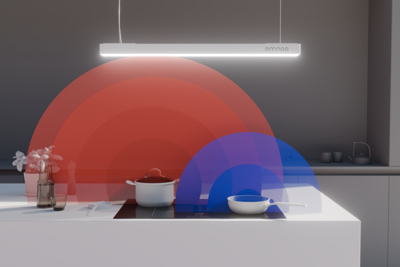 Illustration of a kitchen stove with two pots under a hanging rectangular ventilation unit emitting blue and purple air flow.