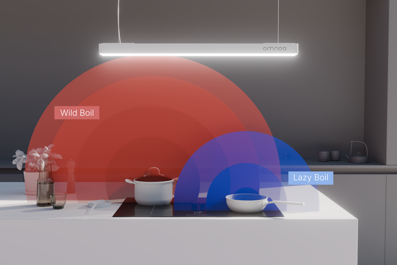 Illustration of two cooking zones under a hanging device labeled Omnoa, with a large pot in the blue "Lazy Boil" zone and a smaller pan in the purple "Wild Boil" zone.