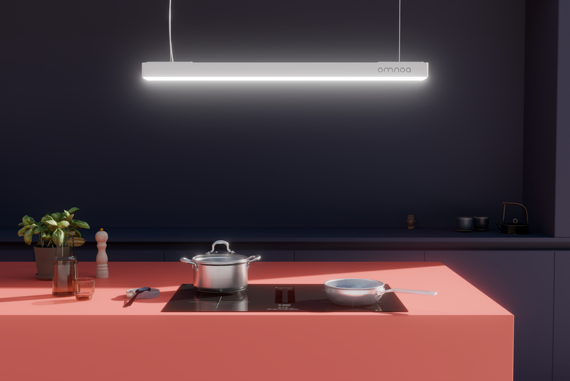 Modern kitchen stovetop with two pots, one steaming with vegetables and another closed, under a sleek hanging kitchen hood labeled Omnoa.