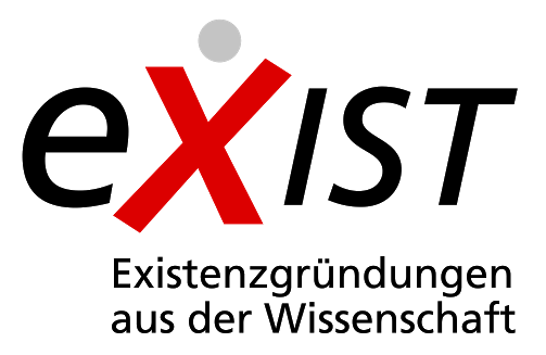 Red stylized letter X with a grey dot above it on a black background.