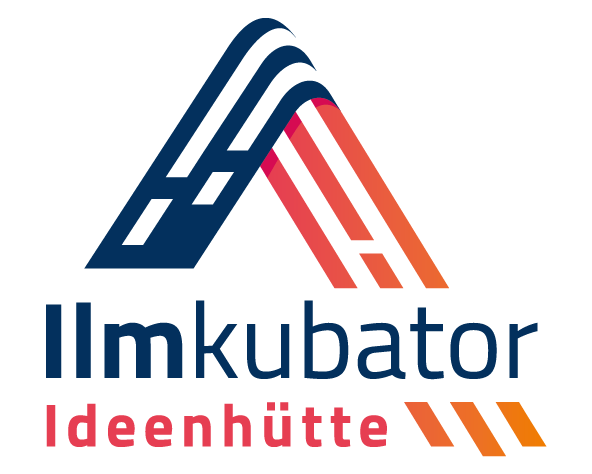 Logo with stylized overlapping lines forming the letter A above the text "llmkubator Ideenhütte" with color gradients from dark blue to red and orange.